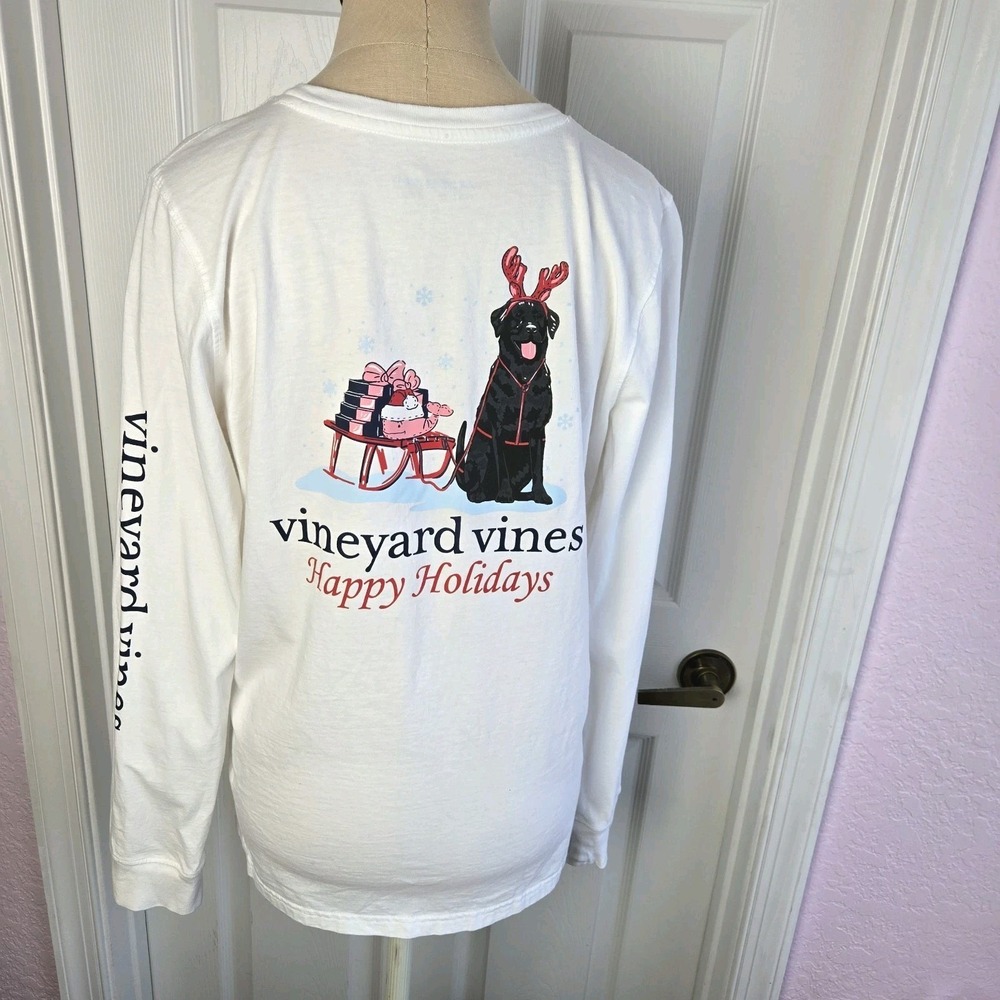 Vineyard Vines Holiday Dog Sled Pocket White T-Shirt Youth Size L Christmas